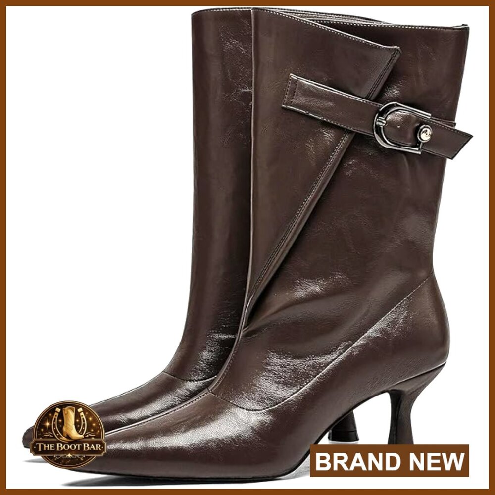 Wide Calf Slip On Boots with Kitten Heel Pointed Toe Mid Calf